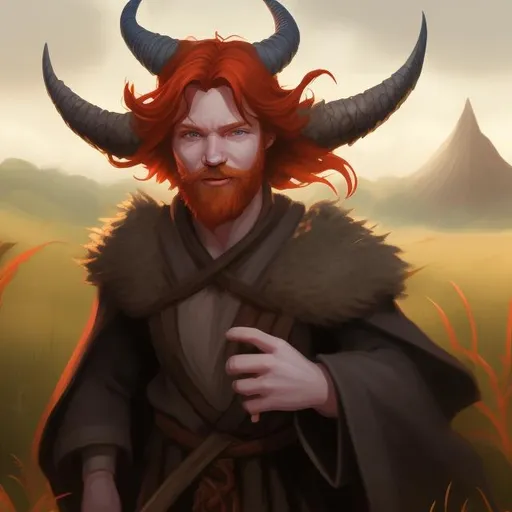 Prompt: dnd art, close up, kind man, red hair and small horns, robes, in a field