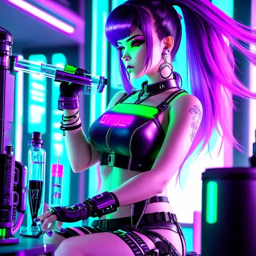 Prompt: A cyberpunk girl with baddie vibes taking a hit from a glass weed bong. Purple hair futuristic, neon, dystopia