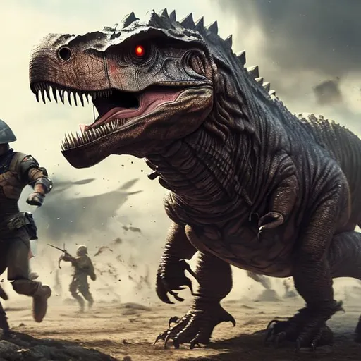 Prompt: A Tyrannosaurus Wearing An Helmet On A Battlefield 