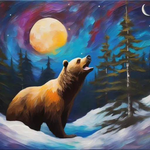 Prompt: A profile beautiful and colourful picture of a handsome man with brunette hair and a mustach, is surrounded by Sitka Spruce trees, a brown bear, and a goose in flight, framed by the moon and constellations, in an impressionistic colourful acrylic palette knife style.