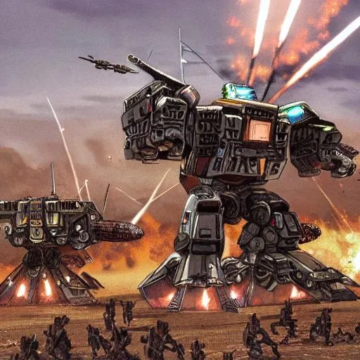 Prompt: painting of a giant walking mech firing a salvo of incendiary missiles upon an army of small combat robots.