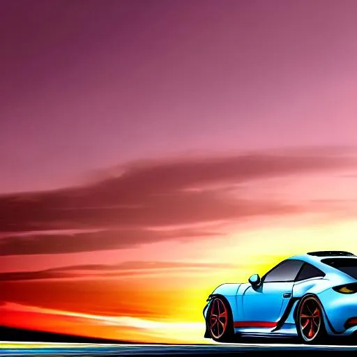 Prompt: Image, create a detailed image of a racing race car with a rear wing of the brand porche during sunset at a racingtrack 