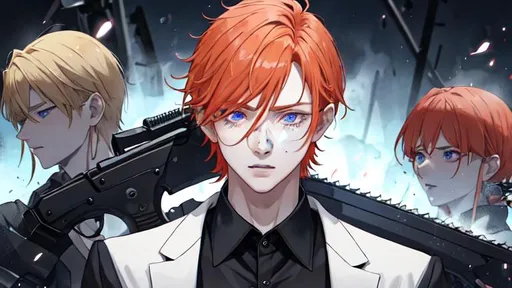 Prompt: Erikku male (short ginger hair, freckles, right eye blue left eye purple) UHD, 8K, Highly detailed, insane detail, best quality, high quality. As the godfather, mafia, crime lord, holding a chainsaw