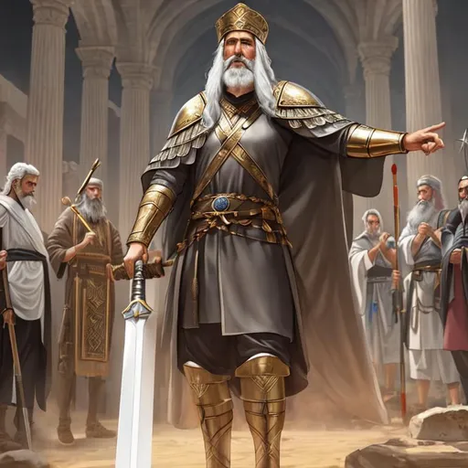 Prompt: A legendary ancient israel king holding a spear that is honored by his people. grey hair, grey beard