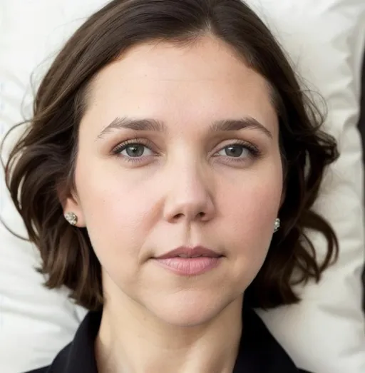 Prompt: Brown hair, Mature maggie gyllenhaal, pale white skin, light makeup, raw photo, HD, realistic, lots of forehead lines, beautiful, perfect eyes, looking directly at me, head resting on pillow, no background other than the pillow, flirty face, direct eye contact, dark eye circles, depressed eye, loads of hair volume, hair everywhere, tantra love, mouth wide open, red lipstick, Nice shoulders, long brown hair