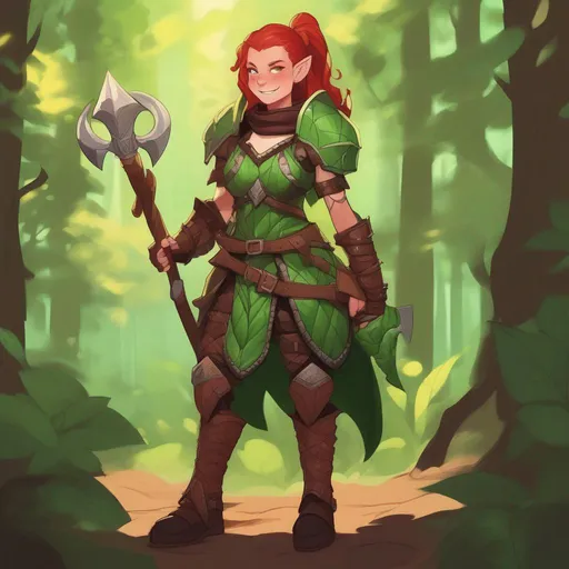 Prompt: dnd a cute green female demon with braided red hair wearing brown leather armor in a sunny forest