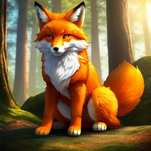 Prompt: Full-body detailed masterpiece, fantasy, high-res, quality upscaled image, perfect composition, subject of this image is a bipedal male fox, orange fur, athletic body, 18k composition, 16k, 2D image, cell shaded, fox, athletic torso, forest background, male chest; using renamon as the body,  fox face features, fur covered chest, large and fluffy orange tail, dnd fox-folk, anthro fox, furry, fox head, digitigrade feet