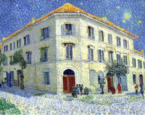 Prompt: building, Pointillism, highly detailed painting by vincent van gogh, best quality, illustration, unparalleled masterpiece, hyper-realistic, cinematic lighting