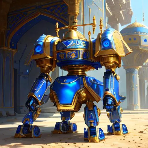 Prompt: create most beautiful photograph of most beautiful fictional, robot, Persian style, blue, white, golden, Royal, extremely, detailed environment, detailed background, intricate, detailed skin, natural colors , professionally color graded, photorealism, 8k, moody lighting.