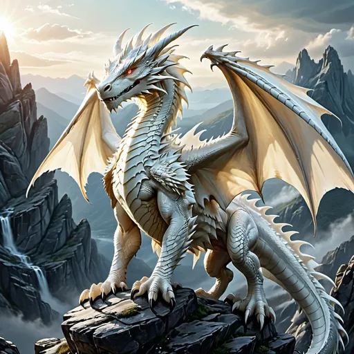 Prompt: majestic (white dragon), perched atop a rugged mountain summit, (stunning landscape), clouds drifting beneath, shimmering sunlight reflecting off the dragon's scales, dramatic atmosphere, breathtaking vistas, cool tones, high detail, ethereal ambiance, mystical aura, capturing the essence of strength and serenity, ultra-detailed, 4K quality.