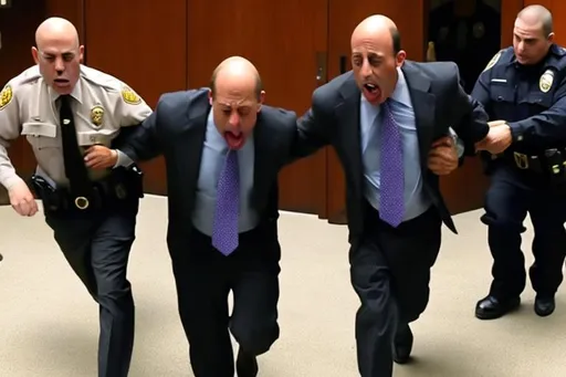 Prompt: GARY GENSLER SCREAMING
 WHILE BEING DRAGGED OUT OF COURTROOM BY POLICE 