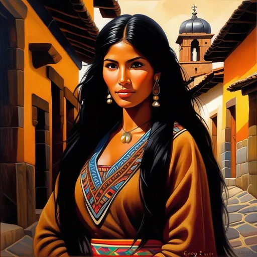 Prompt: Peruvian woman, tan skin, black hair, dark brown eyes, in Cuzco, cartoony, cold atmosphere, extremely detailed painting by Greg Rutkowski and by Henry Justice Ford and by Steve Henderson
