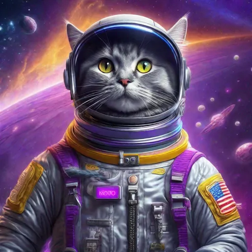 Prompt: Brilliant Hallucinogenic concept art of a gray cat in a space suit with "Ricky" Written on the name tag. Floating through empty space chasing butter. Exquisite Detail Everything is perfectly to scale, HD, UHD, 8k Resolution, Vibrant Colorful Award winning Image with a purple color scheme