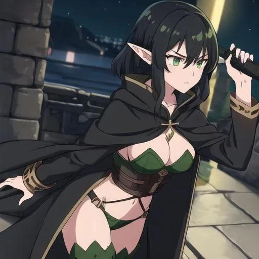 Prompt: girl with black wavy hair and green eyes. She is a thief at night in a cloak. She has elf ears