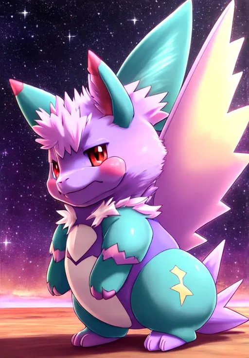 Prompt: UHD, , 8k,  oil painting, Anime,  Very detailed, zoomed out view of character, HD, High Quality, Anime, , Pokemon, Nidoran is a small, quadrupedal, mammalian Pokémon. It is pinkish purple with darker patches. It has large, spiny ears with teal insides, oversized front teeth, and red eyes. Its back is covered with three lines of large spines that can release potent poisons if threatened. The center line of spines is taller than the other two. The size of the long, pointed horn on its forehead is indicative of the strength of its venom. Nidoran is a male-only species.

Nidoran constantly listens for the sounds of approaching enemies with its large ears. Said ears have unique muscles that allow them to be moved in any direction, and even the slightest sound does not escape Nidoran notice. In order to listen to distant locations, it flaps its ears like wings. When angry, it extends its toxic spikes and charges, stabbing with its horn to inject poison, savannas and plains.
Pokémon by Frank Frazetta