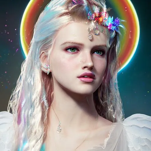 Prompt: A white  pretty girl angel witha clear pretty face on a cloud with a water can  pouring out a a rainbow down into a meadow . this has to be extremally detailed  and clear, and have very bright colors 
