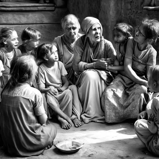 Prompt: A photo of humble blind woman telling a story to children, 4k, hd, ultra realistic, black and white