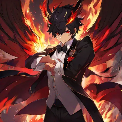 Prompt: Damien  (male, short black hair, red eyes) demon form, wearing a tuxedo, fighting, wearing a crown, angry look on his face, fire around him, wings spread
