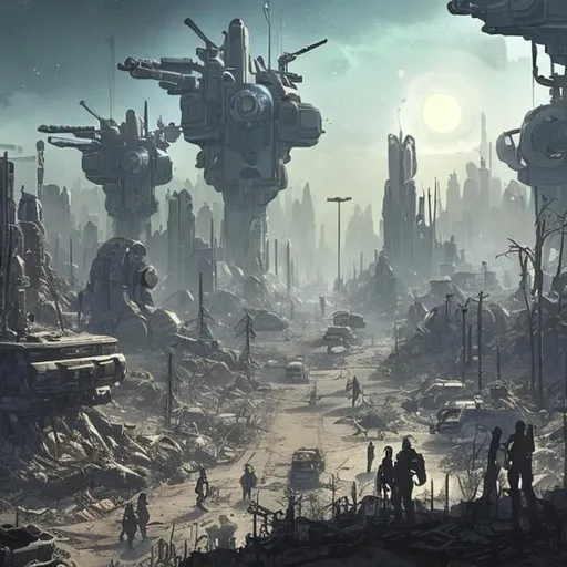 Prompt: Post apocalyptic town with futuristic tech on a surrounded by dead trees 
and with mechs fighting people and a futuristic city in the background 
