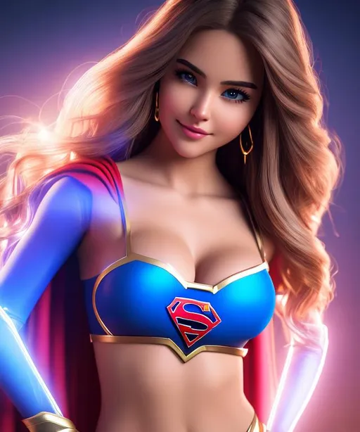 Prompt: exagerated busty cute young supergirl, wearing transparent bra, nips noted, big areola, spaniard race, kneeling, highly detailed face, highly detailed eyes, highly detailed body, full body, whole body visible, full character visible, soft lighting, high definition, ultra realistic, unreal engine 5, 8K, digital art