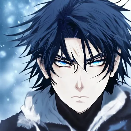 Prompt: Anime A gorgeous man with blue eye and a black Hair looking fiercely