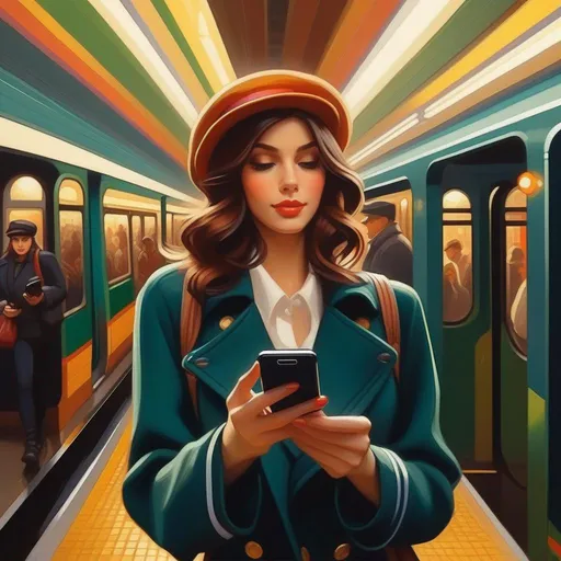 Prompt: First person, female hand wielding a smartphone, in a subway station, warm atmosphere, cartoony style, extremely detailed painting by Greg Rutkowski and by Henry Justice Ford and by Steve Henderson