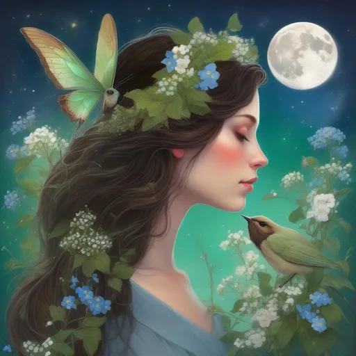 Prompt: A profile beautiful and colourful picture of Persephone with brunette hair and with a green Luna Moth, forget-me-not flowers, Baby's Breath flowers, a chickadee bird, and strawberry plants surrounding her, framed by the moon and constilations