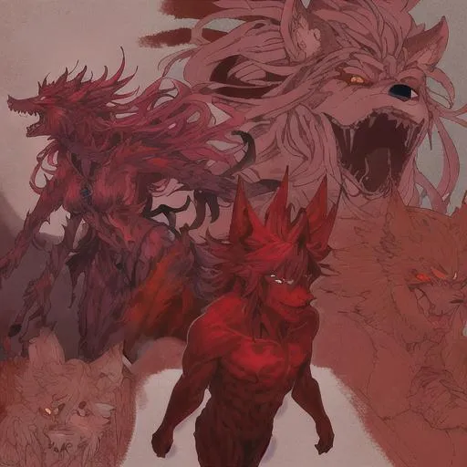 Prompt: A demonic wolf deity that is made out of the red flesh of humans it has the appearance of a humanoid wolf male and has sharp protruding teeth