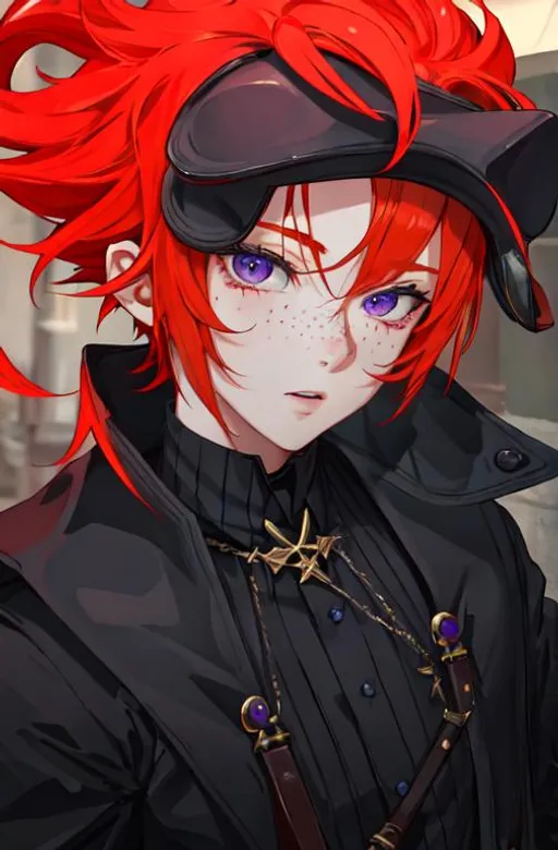 Prompt: Erikku male (short ginger hair, freckles, right eye blue left eye purple) UHD, 8K, Highly detailed, insane detail, best quality, high quality. As the godfather, mafia