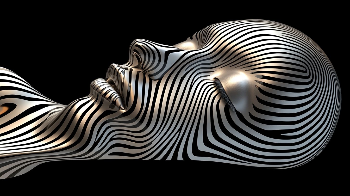 Prompt: Digital art of a face patterned with black and white stripes, where the surface mirrors chrome reflections. The scene is enhanced by quantum wavetracing, offering a unique visual experience. The backdrop blends light bronze and dark blue, alluding to a multimedia installation with strong futurist influences. Certain features stand out with selective focus.