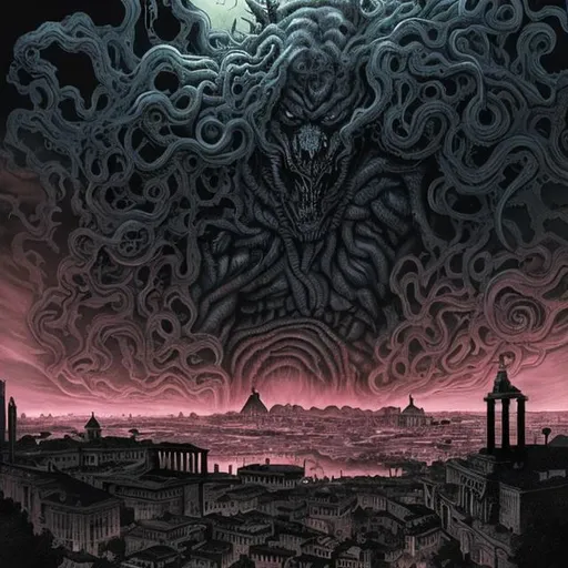 Prompt: it's Rome but in a Lovecraft story. Seen by the sky. With darkness in form of black fog that envelope the city and shadow all around. The shape of a big monster, with claws dangerous on the city, it is on the background behind the cloud and thunder creates spot of light. Look like a Dave McKean artstyle but colored by Marvel artist