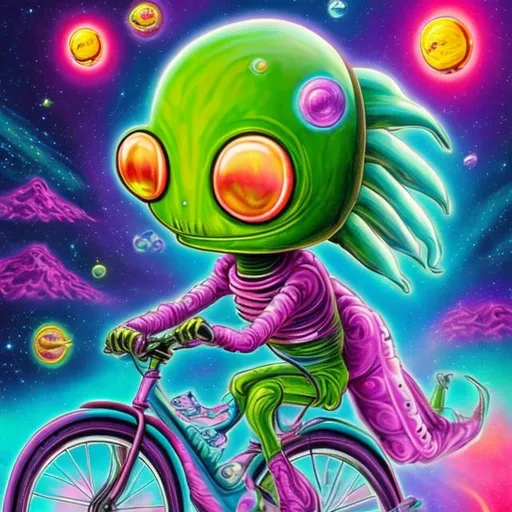 Prompt: Alien riding a bicycle in outer space in the style of Lisa frank