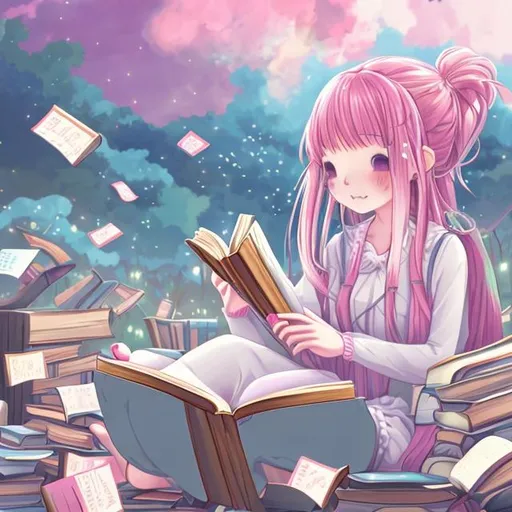 Prompt: an anime illustration of a pink-haired girl reading lots of books that are floating