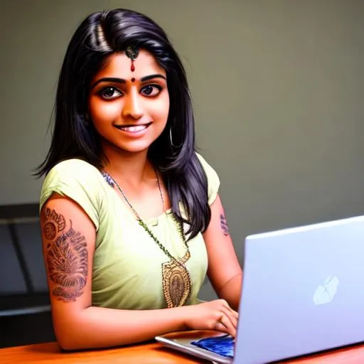 Prompt: dark haired beautiful young indian woman with tattoos and highlights smiling with laptop 