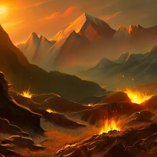 Prompt: mountain landscape, backlit by fire, meteors, 4 k, digital art, concept art, trending on artstation
