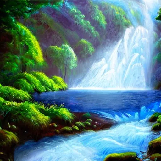 Prompt: hyper-realistic, HD, 8k resolution, realistic lighting, high definition, painting of a waterfall