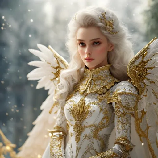 Prompt: beautiful photograph of most beautiful fictional, Knight, goodnes, angelic, White and golden, extremely, detailed environment, detailed blur background, intricate, detailed skin, natural colors , professionally color graded, photorealism, 8k, moody lighting.