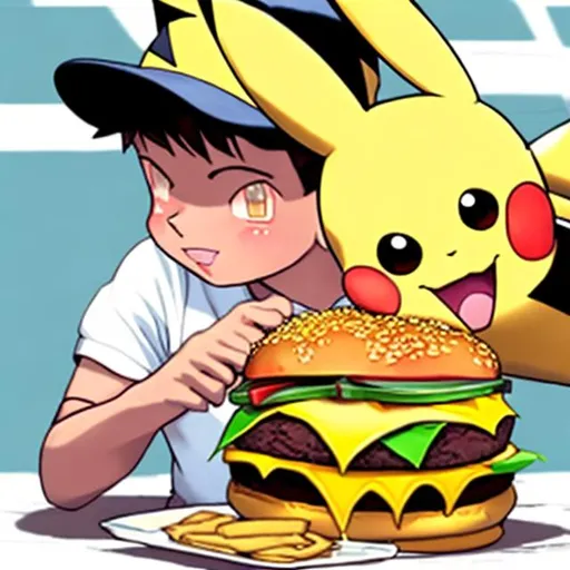 Prompt: Pikachu eating a burger
