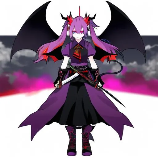 Prompt: Haley  as a demon (multi-color hair) (multi-color eyes)(she has horse ears) holding a katana, fighting, in a gunfight, bullets flying, fighting in a rural area, angry, (demon tail), (demon wings), lunging at the center, flying in the air