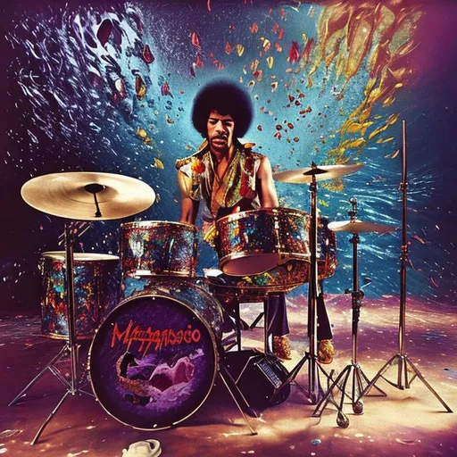 Prompt: Masterpiece fashion photo shoot Jimi Hendrix  playing  drums under water detailed colorful energetic
