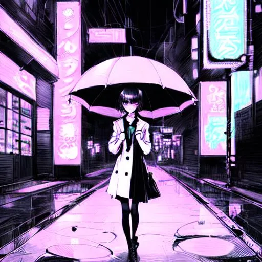 Prompt: An anime girl with an umbrella on the foreground. She is drawing with pencil and in black and white. On the background a Cyberpunk city with a lots of neon lights. 
