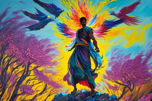 Prompt: The painting depicts a dynamic scene where vibrant colors burst forth, symbolizing the transformation of shadows into hope, strength, and possibility.

In the foreground, a figure resembling Alex stands tall and confident, surrounded by blooming flowers and soaring birds, representing his newfound freedom and inner peace. The figure's expression exudes determination and resilience, showcasing Alex's unwavering spirit in the face of adversity.

As the eye travels through the painting, the once-dark shadows gradually dissolve into swirling ribbons of vibrant hues, reflecting the gradual fading of confusion and fear. The colors blend harmoniously, creating an atmosphere of joy, optimism, and acceptance.

Embedded within the artwork are subtle details that symbolize different aspects of Alex's journey. A broken chain, now mended, represents his liberation from the shackles of stigma and misconceptions. Rays of light piercing through the clouds signify moments of clarity and self-discovery. And at the painting's center, a heart-shaped keyhole represents the unlocking of empathy and understanding within society.
