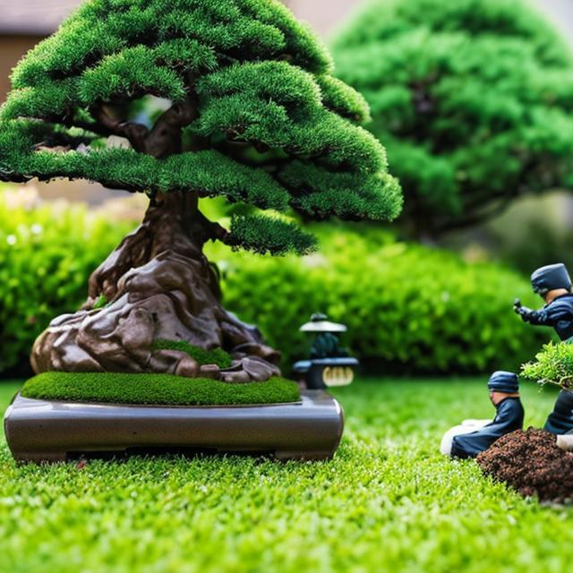 ninjas mowing the lawn beside bonsai tree