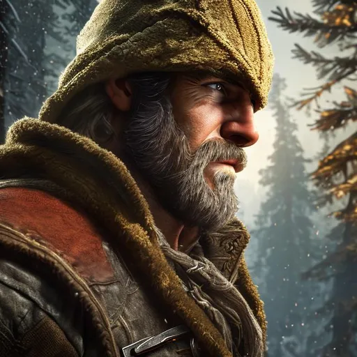 Prompt: Distant portrait of a 45 year old rugged ranger with a blonde beard, forest colored assassin's creed clothing, highly detailed, professional, Unreal Engine 5