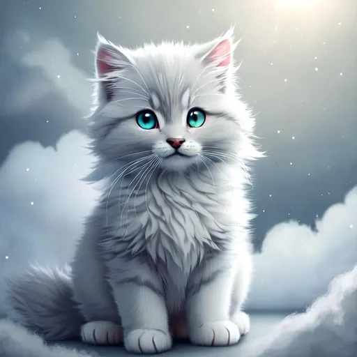 Prompt: Cute, very, very, light gray, fluffy, fantasy light kitten, with cloudy, white eyes, very, light, light, gray fur, and possessing the element of air and making circles of clouds and air move around in the air in a magical way, in a space background. Perfect features, extremely detailed, realistic. Krenz Cushart + loish +gaston bussiere +craig mullins, j. c. leyendecker +Artgerm.