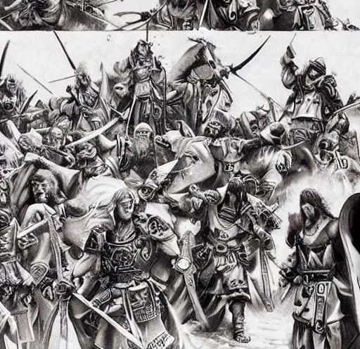 Prompt: Anime war scene graphic High detail Samurai warrior crusaders with Jesus Christ as depicted in the book of  revaltion coming out of heaven one side is the gathering of The chosen to ride victory against the enemy Satan and his fallen cyberpunk ninjas on the opposite side 