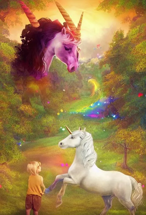 Prompt: The journey of an unicorn and a kid in a dream land