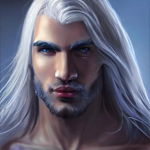 Prompt: male, angel alike, realistic, symetric, Greek nose, white skin, very long platinum hair, thick hairy eyebrows, deep ocean color eyes, detailed face, muscular body, concept art, digital painting.