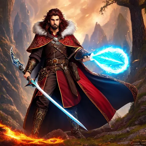 Prompt: Fantasy style, a hyper realistic detailed image of combative druid, male elf, brown goatee, spellsword, looking straight ahead, body facing camera, camera top third of image, perfect composition, super detailed, sharp focus HDR, UDR, 120k, red and black robes, fur collar, long straight windblown shiny brown hair, radient blue eyes, in a mountain forest fantasy background, dragon familiar, dragon in background, dragon magic
