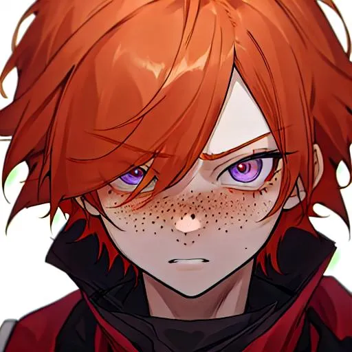 Prompt: Erikku male adult (short ginger hair, freckles, right eye blue left eye purple) UHD, 8K, Highly detailed, insane detail, best quality, high quality, anime style